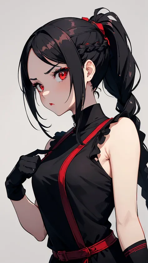 (Girl1,triangle face,red eyes,black hair,braided ponytail hair),((black gloves,black mini a dress)),sigh,annoyed,stranding,red lipstick,green playground,best quality,high quality,super detail,high details