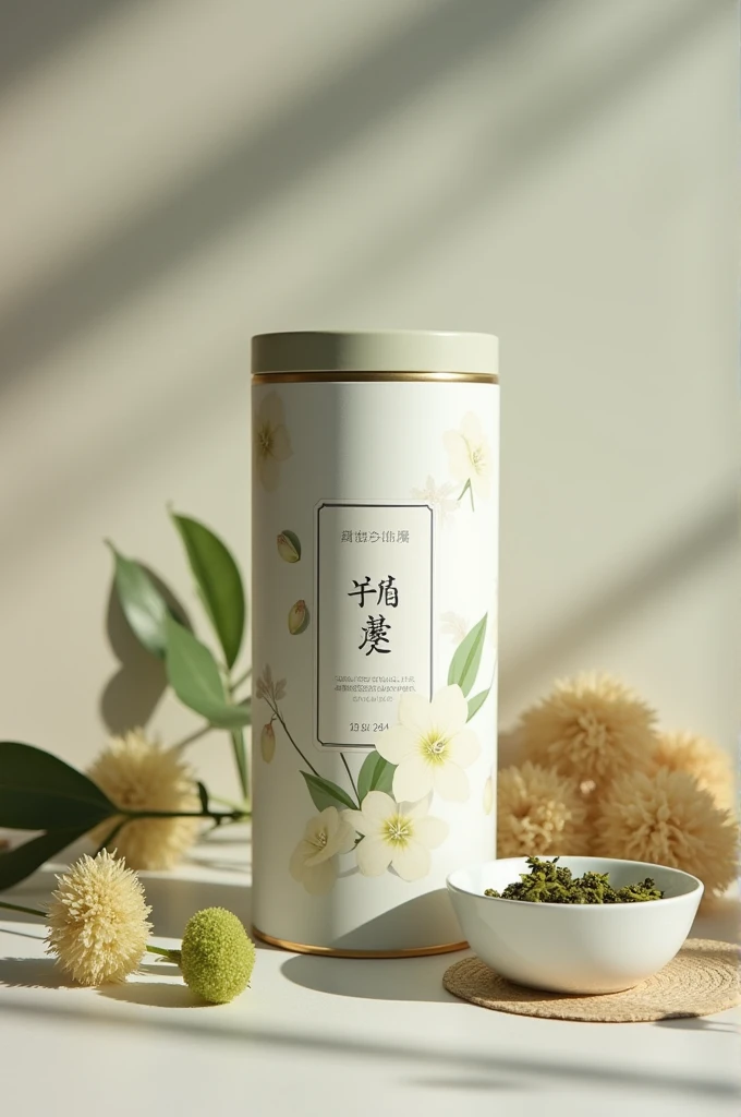 Create an image of linden tea in luxury packaging with caption and photo 