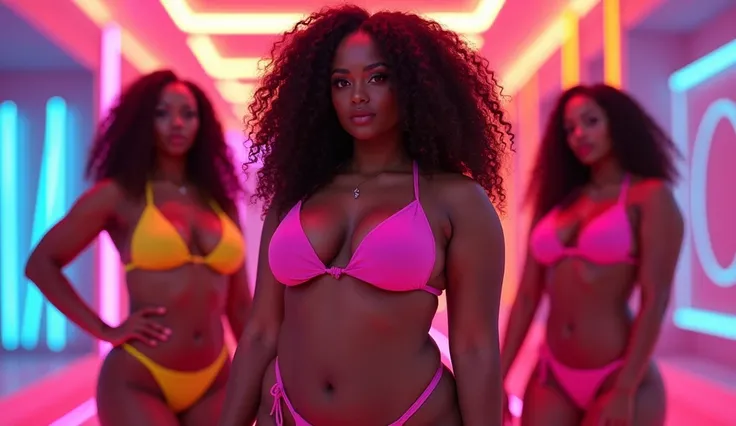 "A high-energy, glamorous visual featuring confident individuals of pawg body types posing stylishly in bold, bikini outfits. The background is vibrant with neon lights and abstract shapes, emphasizing celebration and empowerment. Focus on creating an appe...