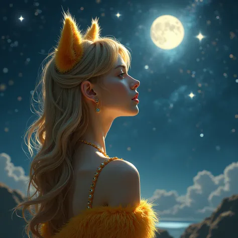 Masterpiece, high quality, woman in her 20s, have cat ears, golden fur, galaxy and stars at the background, starring at galaxy on the moon, can only see her back