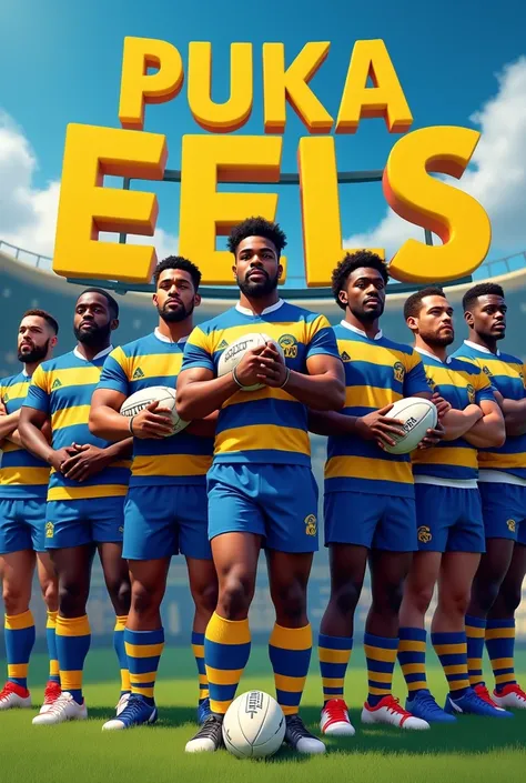 A group of rugby black skinned boys standing on a rugby oval which they all wearing blue yellow stripe jersey and blue shortwear and a rugby ball in their hands and a big writing at the background reads PUKA EELS HOT PARRA