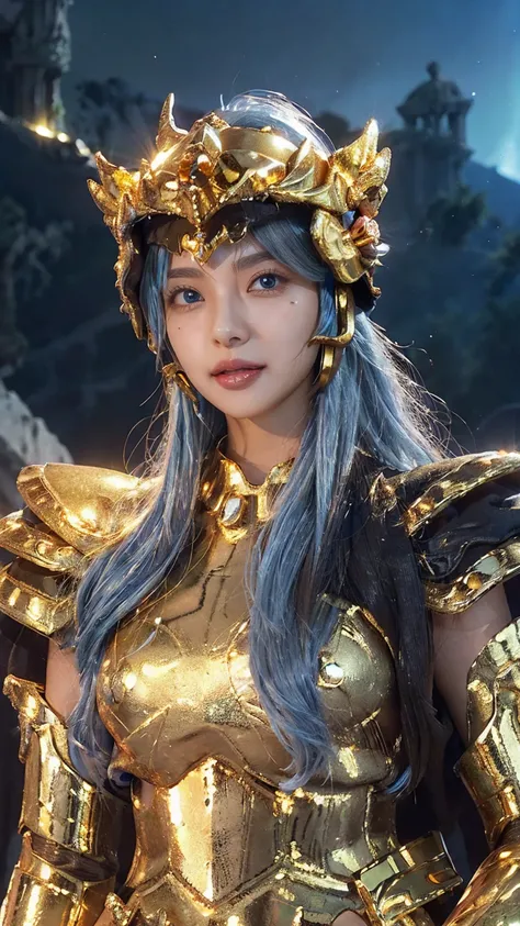 ((( mole under left eye))),(( 1 woman ))) ((Beautiful woman like a goddess)),  Ultra realistic photo shoot with cutting-edge details, Greek ruins in the background. ((( Shining Golden Metal Armor))), Saint Seiya Armor, (((Cancer Armor))), (( beautiful eyes...