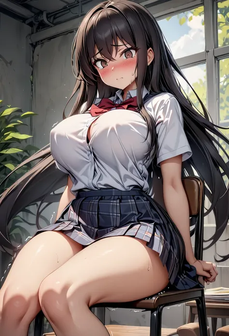 top quality, masterpiece,  high definition , 8k,  1 girl, Alone,  Expressive Dark Brown Eyes , (((Trembling Body))), ((( Straight Long Hair ))), ((( black hair))),  Big Breasts High School Girl, dark red plaid miniskirt uniform with white shirt and red bow...