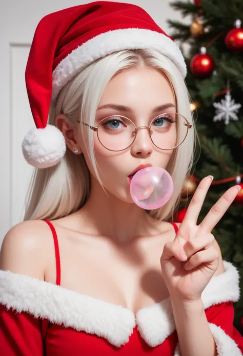 A portrait shot of a beautiful woman with white hair, wearing round glasses and a Santa hat. She is blowing bubble gum and making a peace sign hand gesture. The scene features a Christmas theme with pink, red, and white colors. a high-quality 300 DPI PNG w...