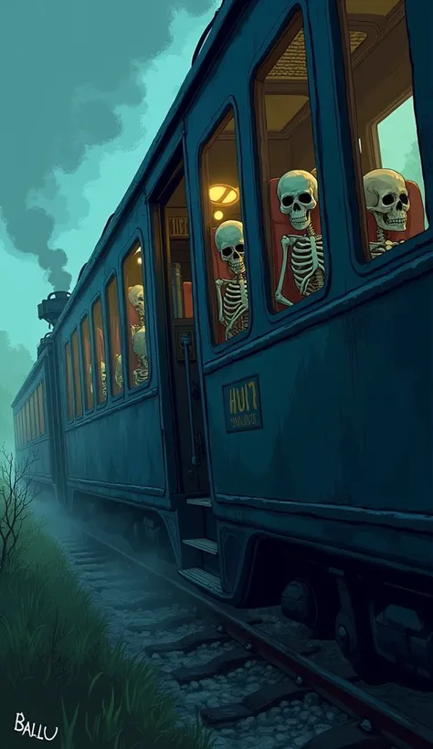 The train moves forward into a dark, misty landscape, its whistle sounding more like a wail. Inside, the skeleton passengers sit silently, waiting. Ballu, now a skeleton, sits at a window seat, staring blankly into the darkness outside. The train’s wheels ...