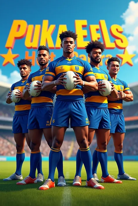 A group of rugby black skinned boys standing on a rugby oval which they all wearing blue yellow stripe jersey and blue shortwear and a rugby ball in their hands and a big writing at the background reads PUKA EELS HOT PARRA