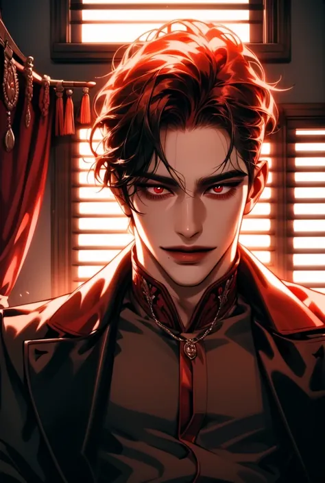 detailed illustration masterpiece rendered of a handsome, sexy vampire in his thirties. He smiles seductively at the camera and looks like he is trying to hypnotize the viewer; he watches with mysterious eyes, eyeing with hunger. He is wearing an elegant o...