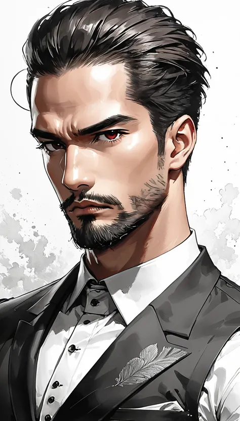 Neo-noir futuristic art style, waist-up, symmetrical shot, a semi-realistic anime-style of man of power. aged 25. Black hair, neatly slicked-back with slight volume on top, parted left, showing a clean line. Warm brown skin, exuding Javanese ethnicity. Age...