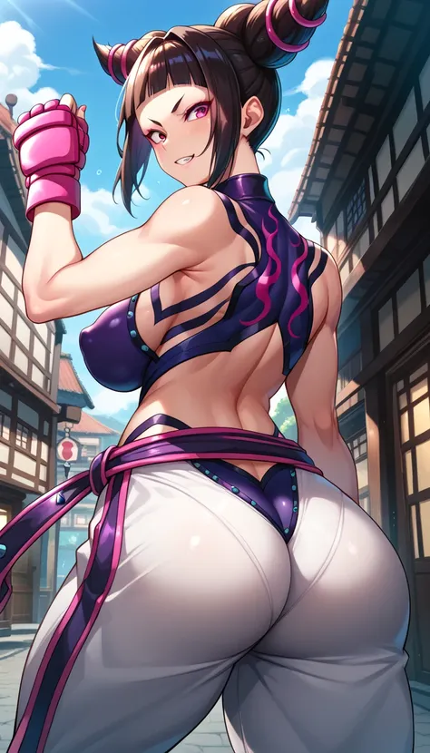  Street Fighter　Game character　juri han big breasts　 erect nipples 　　背景はnightの中華街　night　night　 back view　 back view