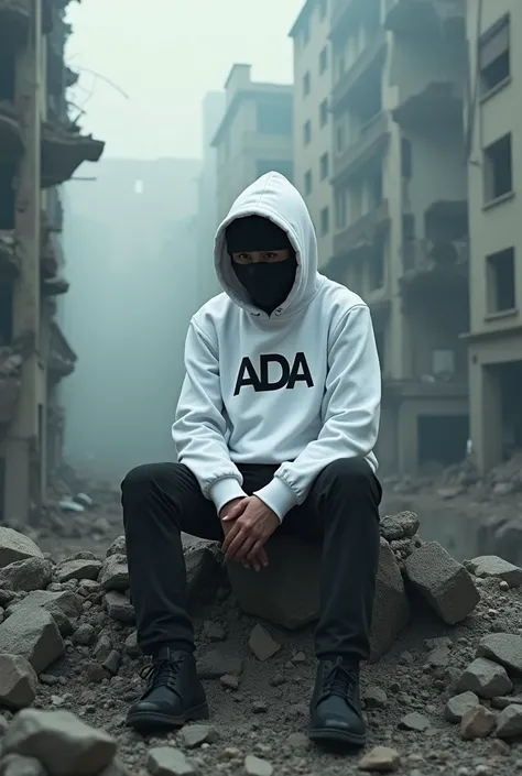 A male wearing a white Hoodie sweater and mask is sitting on top of the destroyed building, 

Ada LOGO
 NAMA BANG AZAY DI SWEATER HOODIE PUTIH 