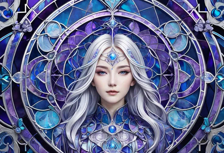  depicts Gemini in a symmetrical stained glass design 。Express a girl with symmetrical silver hair with stained glass and place it in the center、Symbolic harmony with a swirling blue and purple background 。 geometric structures express balance and 、 conste...