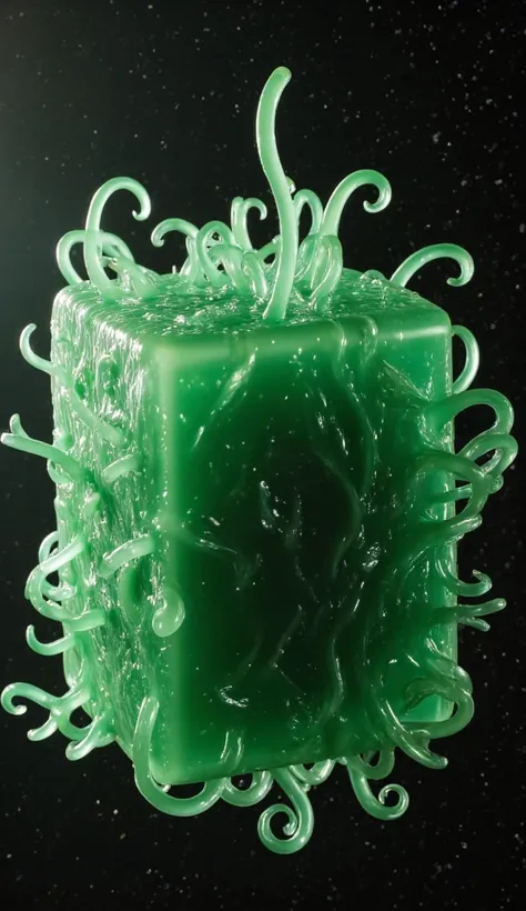 A gigantic sexualized amorphous greenish transparent slime creature shaped as a cube with phallic tentacle-like tendrils stretching out from its various sides whos entire purpose is to impregnate other species to continue its own species existence. Its tra...