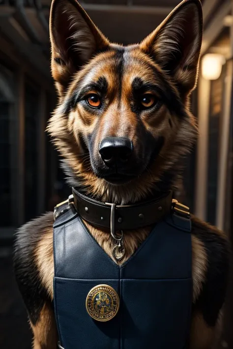 Super Detailed, High Quality, Masterpiece, adult long coated German shepherd wearing a Black security dog vest and Black leather collar with a badge over its body with human eyes, looking at the viewer with mesmerizing looks.