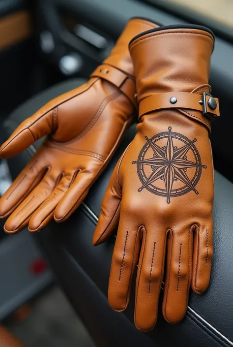 Design me two pairs of drivers gloves, one showing on the front and one on the back. In the shape of military gloves. With the tips cut off to expose the fingers. Made of material: Aged leather, the whole glove. Except for the inside of the hand, which wil...