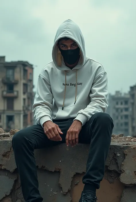 A male wearing a white Hoodie sweater and mask is sitting on top of the destroyed building, 
LOGO
 NAMA BANG AZAY DI SWEATER HOODIE PUTIH 