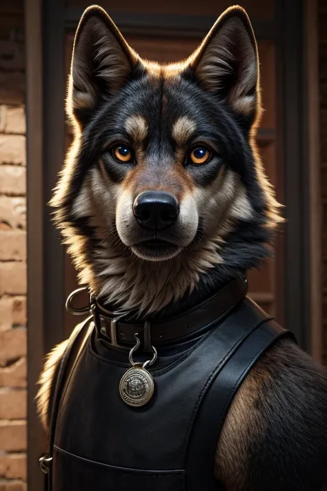 Super Detailed, High Quality, Masterpiece, adult long coated wolf wearing a Black security dog vest and Black leather collar with a badge over its body with human eyes, looking at the viewer with mesmerizing looks.