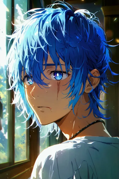 man, solo,  blue hair ,  medium length hair ,  blue pupils ,  licked back hair ,  A scar on his right eye ,  White shirt,  high resolution,  lineup,  anime