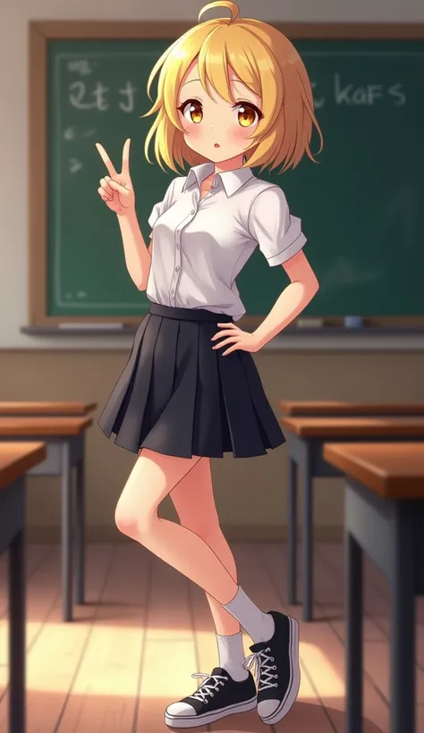 masterpiece,  top quality ,  high definition ,  very detailed,((( blond girl))), ((( Japanese anime ))), ((( shorter hair))), (((White dress shirt))), ((( Black Pleated Skirt))), (((White socks))), ((( black sneakers ))), ((( school classroom))), ((( black...