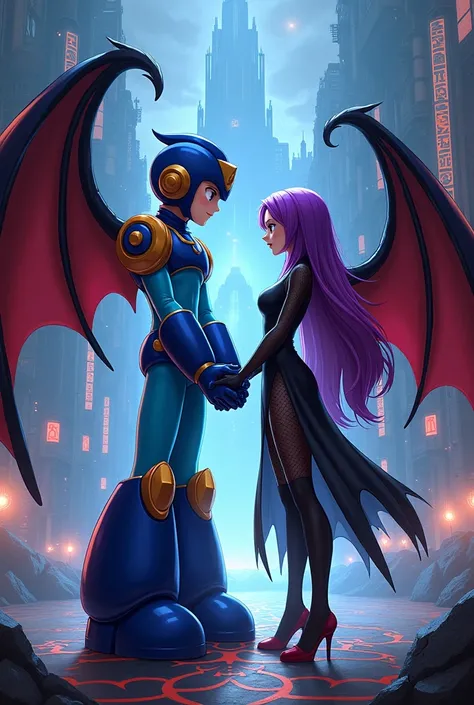 Megaman and Morrigan holding hands 