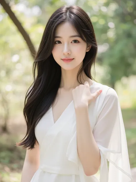 alone、 Japanese、 graceful long-haired woman 、 gentle smile 、 wearing white dress 、 soft blurry background 、 natural light、Pro portrait 、 luxury fashion photography style