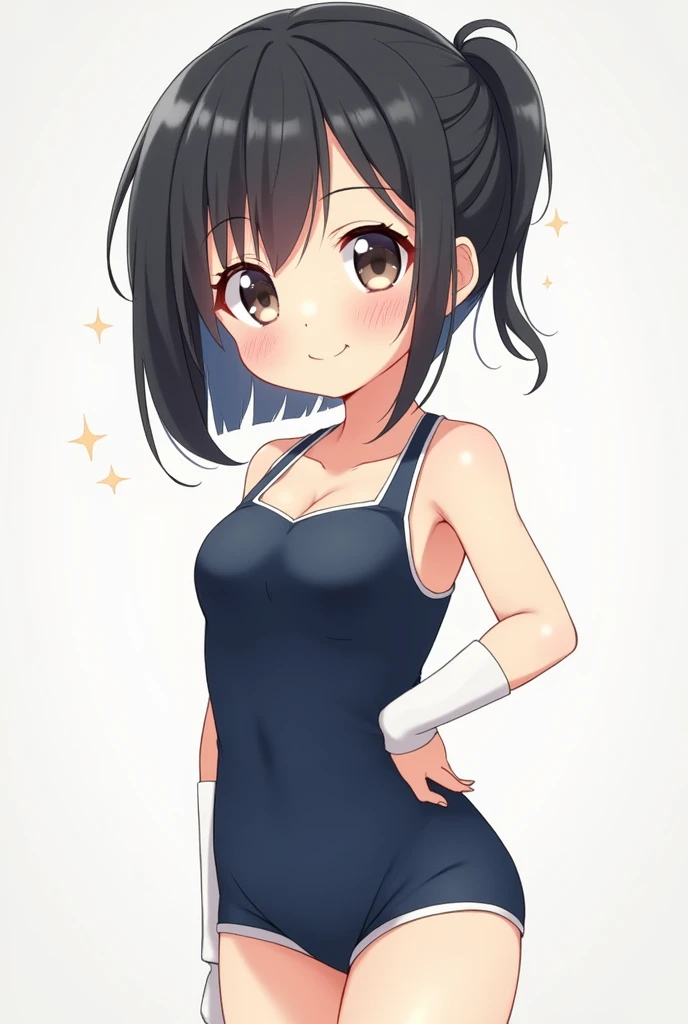 cute, girl, , 6th elementary school student, black hair, Bob- Half up-short ponytail, dark blue school swimsuit, white knee-high socks, medium bust, (((shiny skin))), blush, smile