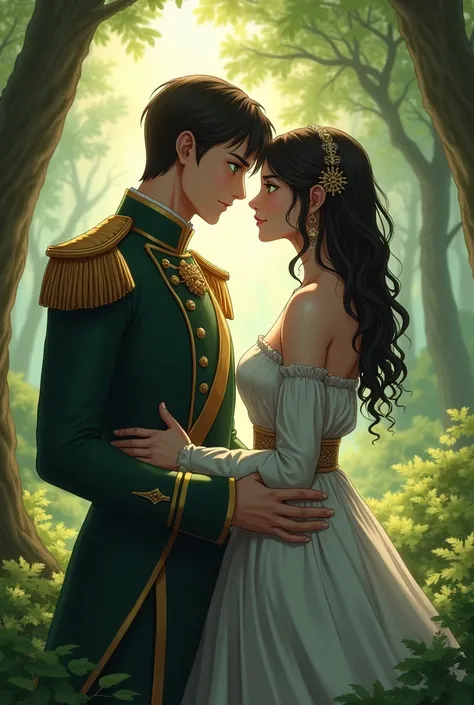 A twenty-eight-year-old royal soldier with black hair and white skin.. He has green eyes and is muscular but not too big.. 
Standing in the woods by the tree, gazing lovingly at the Queen.