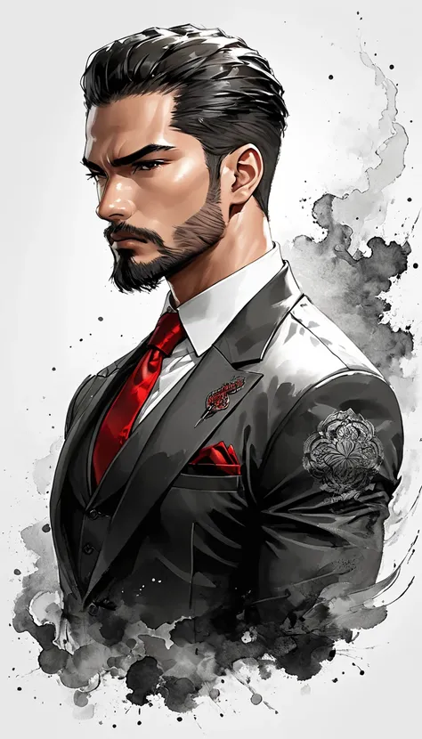 Neo-noir futuristic art style, waist-up, symmetrical shot, a semi-realistic anime-style of man of power. aged 25. Black hair, neatly slicked-back with slight volume on top, parted left, showing a clean line. Warm brown skin, exuding Javanese ethnicity. Age...