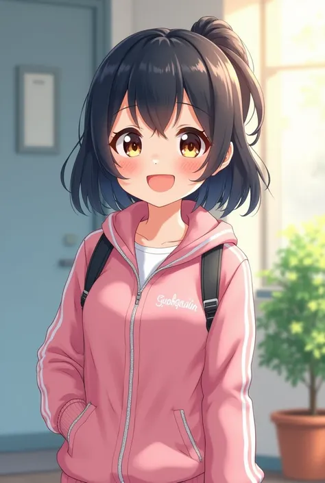 cute, girl, , 6th elementary school student, black hair, Bob- Half up-short ponytail, school track suit, white knee-high socks, medium bust, (((shiny skin))), blush, smile