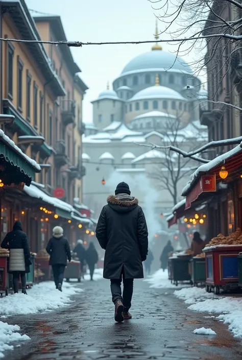 A  walking through the streets of Istanbul on a cold winter day