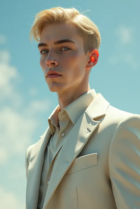  A tall man ,  with blond hair,  with white skin and dark blue eyes ,  in light-colored clothes that smell like a cold morning,  has attractive facial features , always calm . 