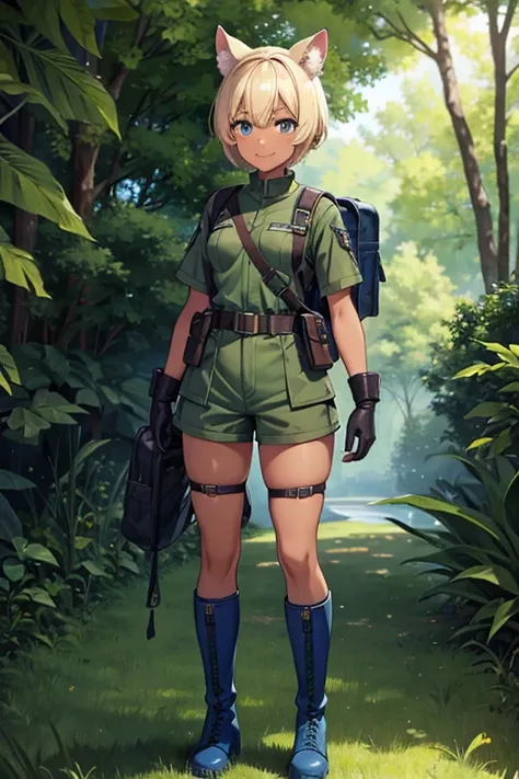  anime picture 、 Full Body Portrait 、A 15-year-old dark-skinned woman about 160 cm tall wearing a dark green military uniform and camouflage shorts、Weasel Ears、 blue eyes、 Her hairstyle is short, short hair 、Blonde、 Laughing with her mouth open 、A strong s...