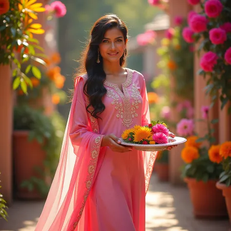 The image features a person wearing a beautiful pink outfit, which consists of a long tunic with intricate embroidery and matching palazzo pants. The outfit is complemented by a flowing pink scarf draped elegantly over the shoulder. In her hands, she holds...