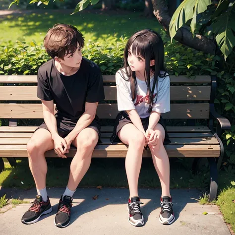 An above view of a young couple sitting on a bench  and talking from side above view through branch and leaves.

Woman chin rest on palm and elbow rest on knee. Cross her leg and looking at the boy. Sit next to the boy.

Boy is wearing shirt and walking sh...