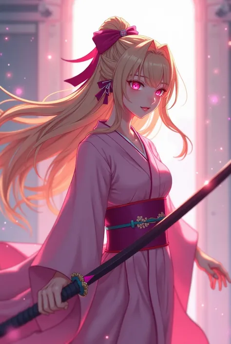  Demon Slayer screenshot of a pillar with long blonde hair, pink eyes, pastel pink kimono with pink katana 