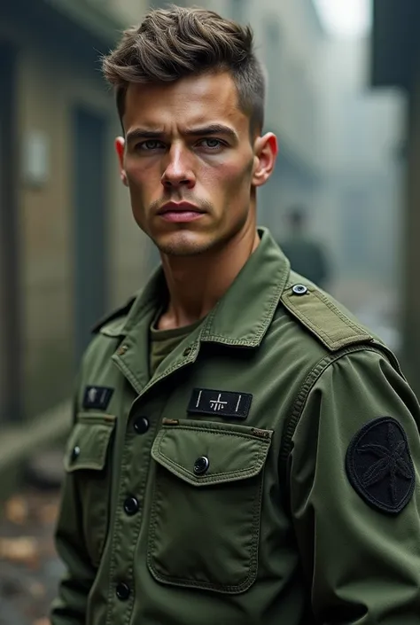 a young man wearing a green military uniform with black patches