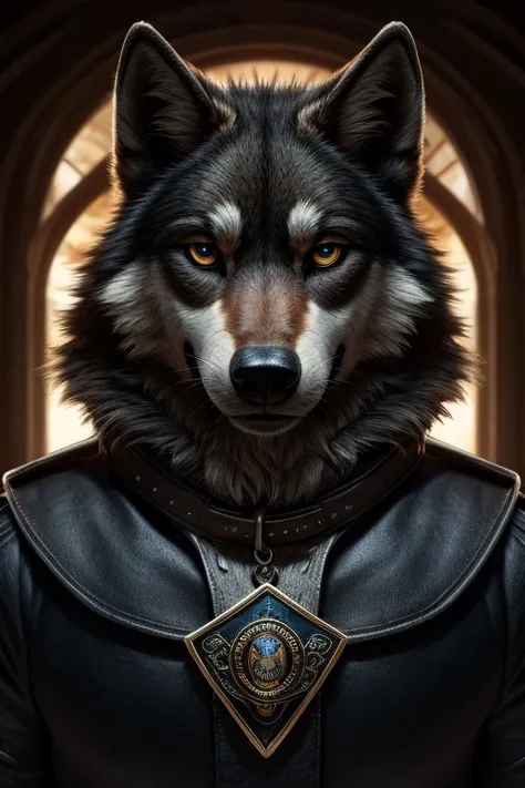 Super Detailed, High Quality, Masterpiece, adult wolf wearing a Black security dog cape and Black leather collar with a badge over its body with human eyes, looking at the viewer with mesmerizing looks, halfbody