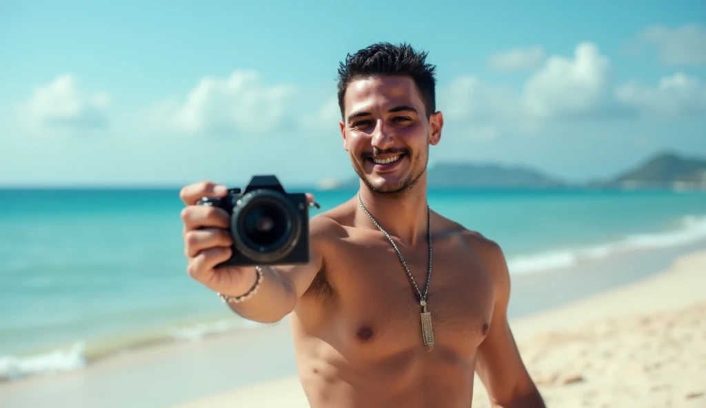 arafed man taking a selfie on the beach with a camera, a picture inspired by Ahmed Yacoubi, reddit, happening, 8k selfie photograph, ocean in the background, in the beach, the ocean in the background, at a tropical beach, at a beach, at the beach, standing...