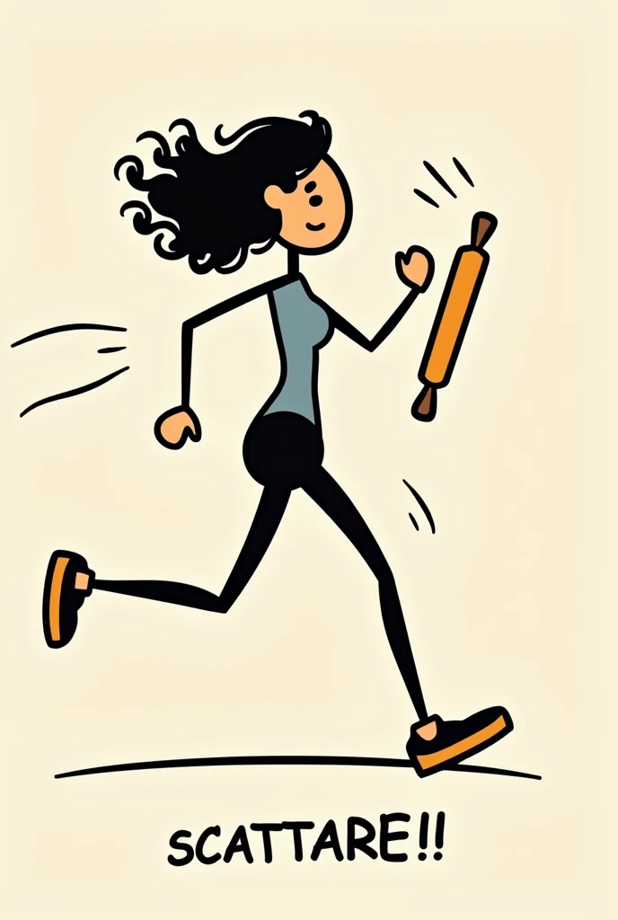 A women stick figure with curly hair, holding a rolling pin in her hand while running very fast. There must be aerodynamic effects around her, and at the bottom of the image there must be the writing SCATTARE!! in Italian