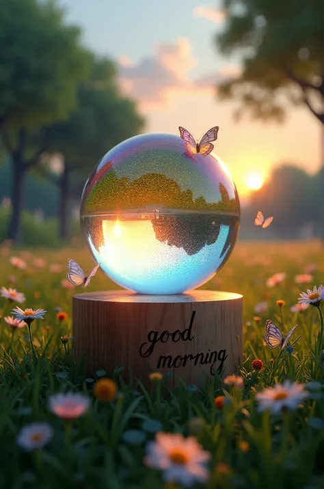 3d image in the evening atmosphere of a glass ball, rainbow light, colorful "2025" in a meadow full of flowers, butterflies flying around flowers. trees, drawings, high resolution. The glass ball was placed on a wooden base clearly engraved with the name G...