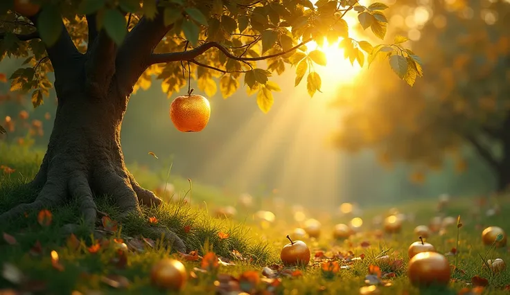 It was a long time ago and there is a garden of golden apples and a golden apple on the tree and a golden apple is missing from the tree, and it is morning.