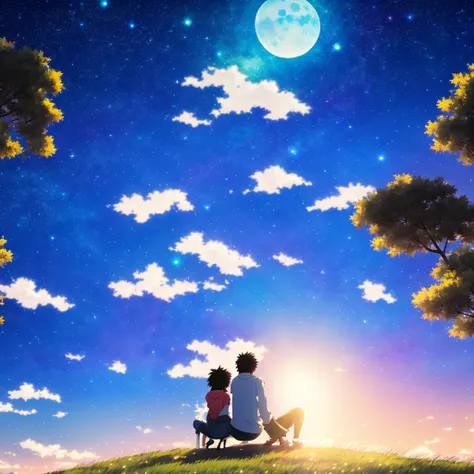  anime couple looking up at the night sky， The background is the moon and the starry sky  , 4k anime wallpaper, Makoto Shinkai シリル・ロランド,  anime art wallpaper 8K , Cosmos Sky. Makoto Shinkai,   Anime Art Wallpaper 4K,  anime art wallpaper 4k ,  anime wallpa...