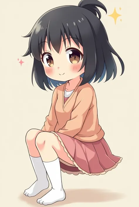 cute, girl, , 6th elementary school student, black hair, Bob- Half up-short ponytail, ((naked)), white knee-high socks, medium bust, (((shiny skin))), blush, smile