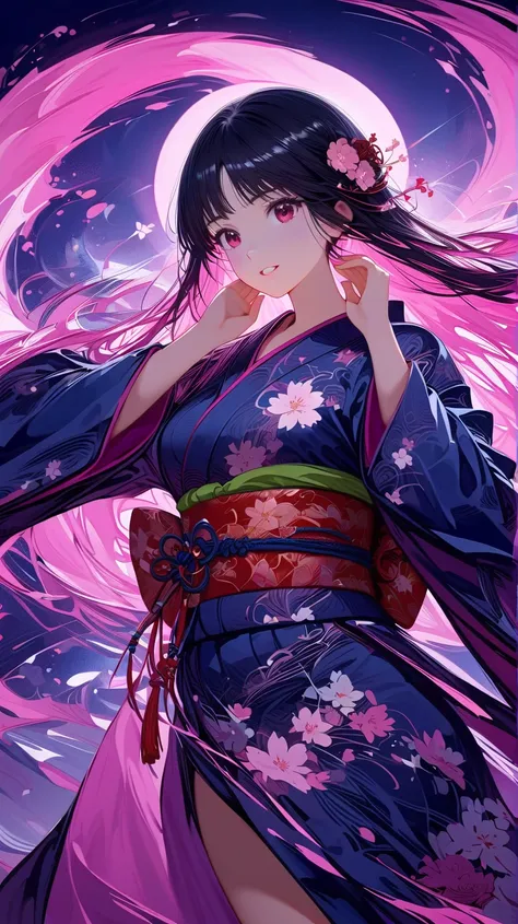 (masterpiece, best quality:1.2), 1 girl, unique, Japanese Yukata, The backdrop of a scenic sakura forest in Japan inside the womans silhouette, ethereal, concept, bleeding in with background, excited, beautiful detailed glistening eyes, beautiful detailed ...