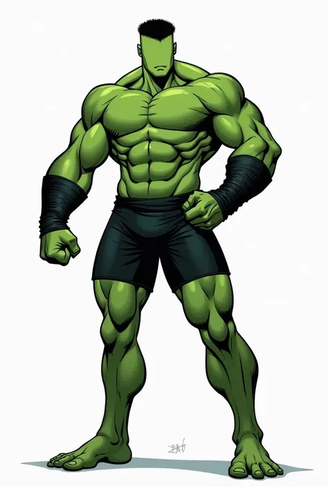 "A comic style character. He is faceless, and the overall body is green. He trains with his bodyweight and has a lean, athletic physique. Although he is not too muscular, he has a good frame with big shoulders but remains lean. He is wearing black tight at...