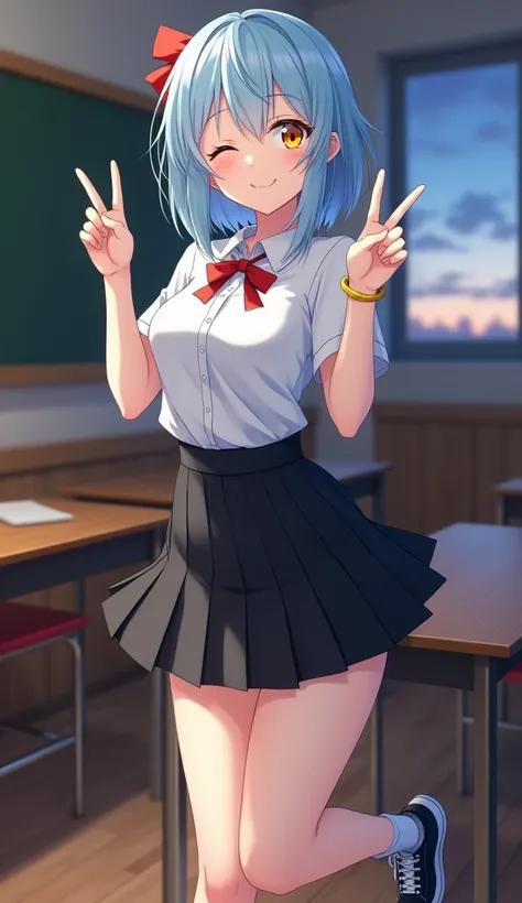 masterpiece,  top quality ,  high definition ,  very detailed,((( pretty girl with light blue hair))), ((( Japanese anime ))), ((( shorter hair))), (((White dress shirt))), ((( Black Pleated Skirt))), (((White socks))), ((( black sneakers ))), (((yellow mi...