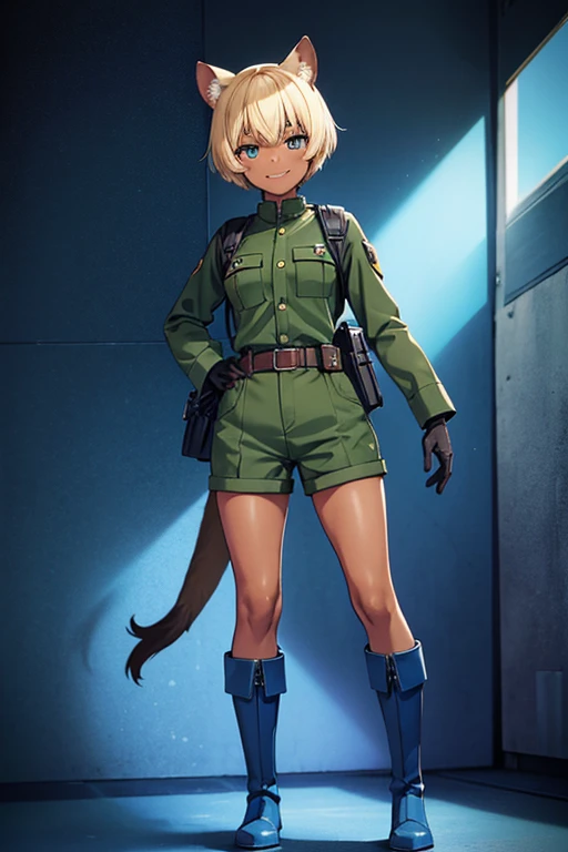  anime picture 、 Full Body Portrait 、 A 15-year-old dark-skinned woman about 160 cm tall wearing a dark green military uniform and shorts、Weasel Ears、 blue eyes、 Her hairstyle is short, short hair 、Blonde、 Laughing with her mouth open 、A strong smile、blue ...