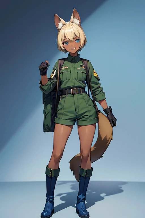  anime picture 、 Full Body Portrait 、 A 15-year-old dark-skinned woman about 160 cm tall wearing a dark green military uniform and shorts、Weasel Ears、 blue eyes、 Her hairstyle is short, short hair 、Blonde、 Laughing with her mouth open 、A strong smile、blue ...