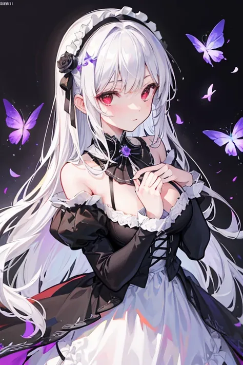 absurdres, highres, ultra detailed, HDR, master piece, ultra detailed picture, extremely detailed face and eyes, Suigintou, silver-white hair,  Maiden Rose, solo, woman, extremely beautiful, purple flowers, park, fountain, purple trees, purple butterflies,...