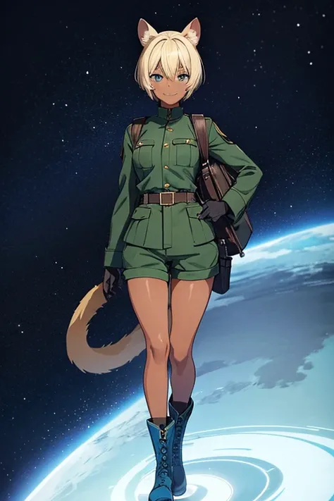  anime picture 、 Full Body Portrait 、A 17-year-old dark-skinned woman about 160 cm tall wearing a dark green military uniform and shorts、Weasel Ears、 blue eyes、 Her hairstyle is short, short hair 、Blonde、 Laughing with her mouth open 、A strong smile、blue m...