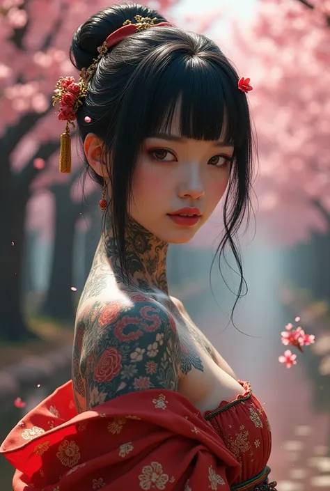  Japanese feudal woman , full-body portrait,  black hair, beautiful, to hide, Noble,  Yakuza style tattoos,  full body tattoo , fantasy world, Cherry tree biome , portrait
